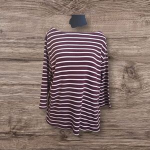 L.L. Bean Women's 3/4 Sleeve Striped Top - Maroon and White Size 1X